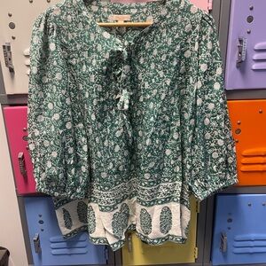 Pink Chicken Teal and White Patterned Blouse
